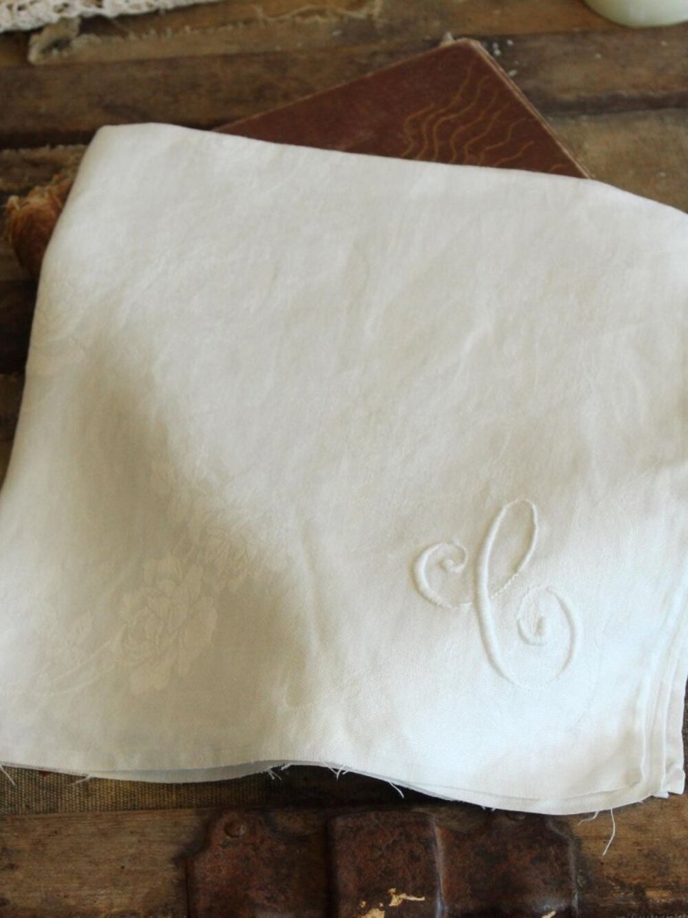 Vintage 1930s Napkin, White Flax Linen Damask Monogrammed with Embroidered C